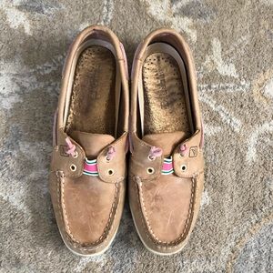 Sperry pink/green ribbon boat shoes, size 8.5